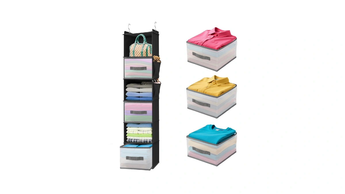 Biebos Hanging Closet Organizer, 6-shelf W/ 3 Drawers & Pockets,
