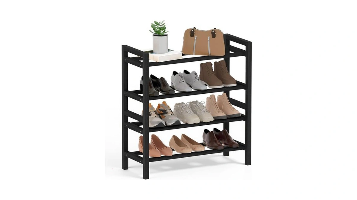 Bamboo Shoe Rack Free Standing Shoe Organizer Black, 4-tier(small