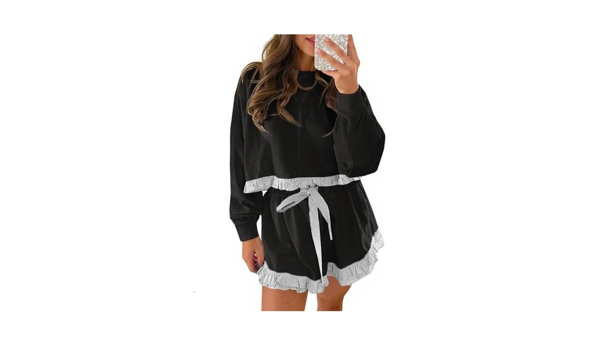Fisoew Women's 2 Piece Lounge Sets Ruffle Color Block Cropped