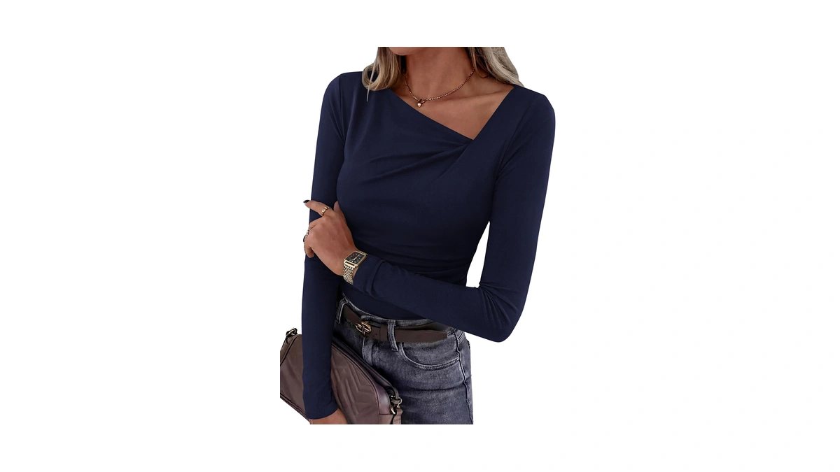 Prettygarden Women's Long Sleeve Asymmetrical Y2k Tops (navy Blue,l)