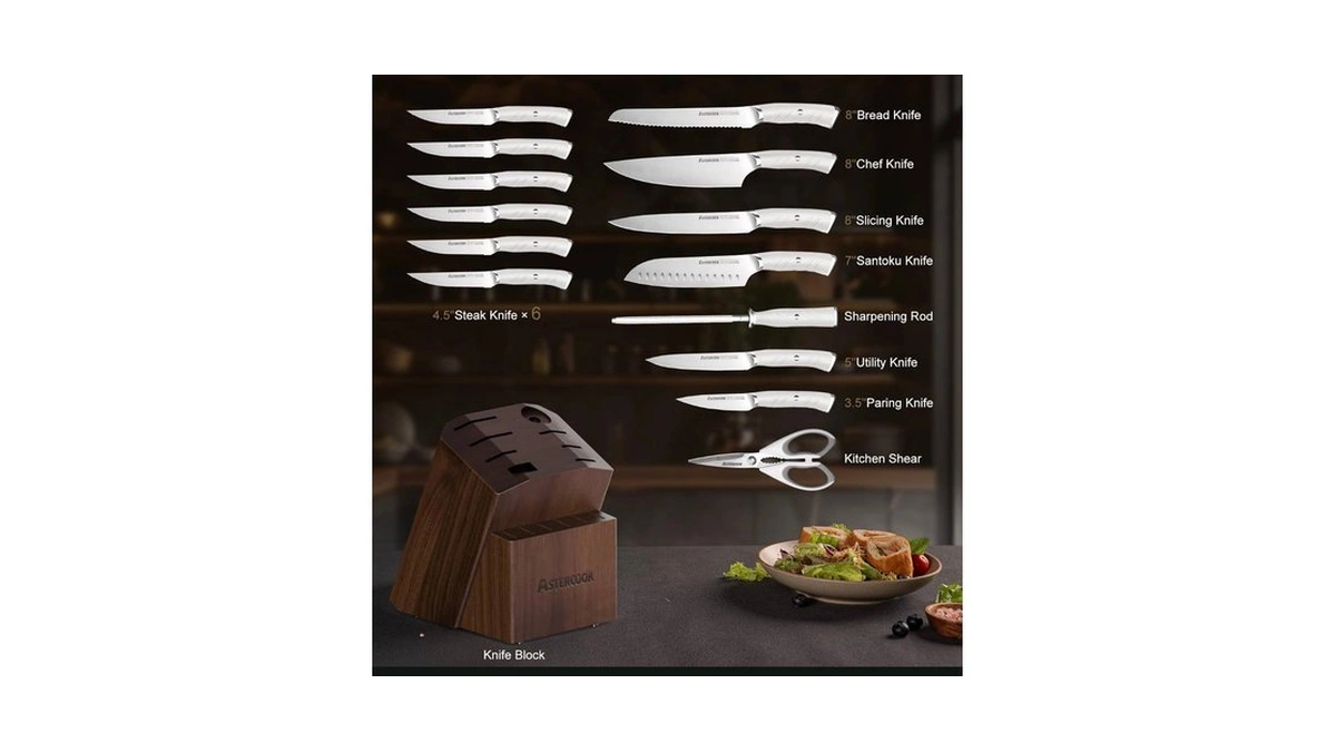 Knife Set, Astercook Kitchen Knife Set With Block, 15 Pcs