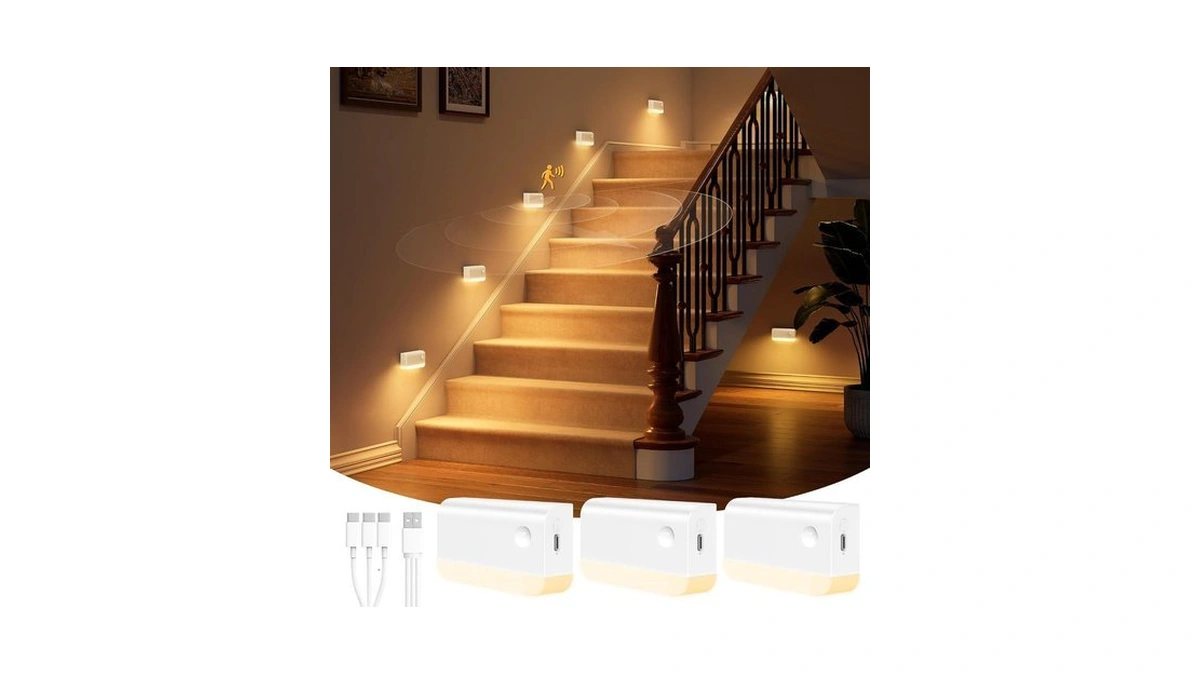 Niorsun Motion Sensor Stair Lights Indoor, 3 Pack Rechargeable Wireless
