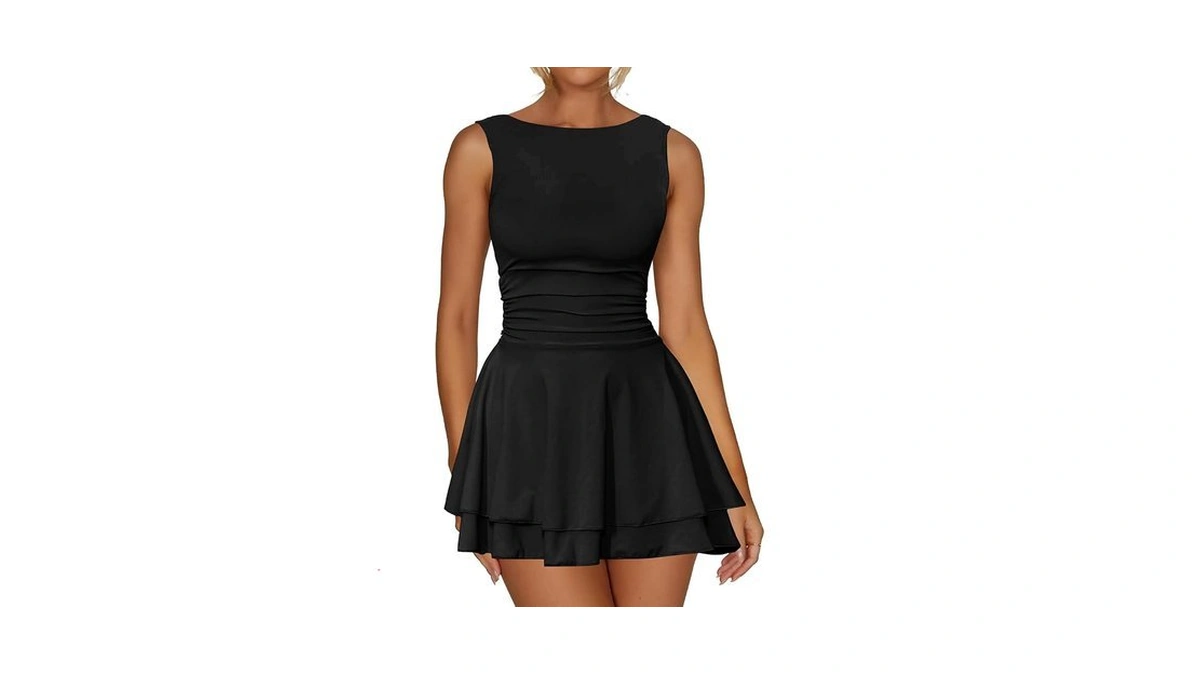 Women Sleeveless Ruched Waist Tiered Flowy Ru...