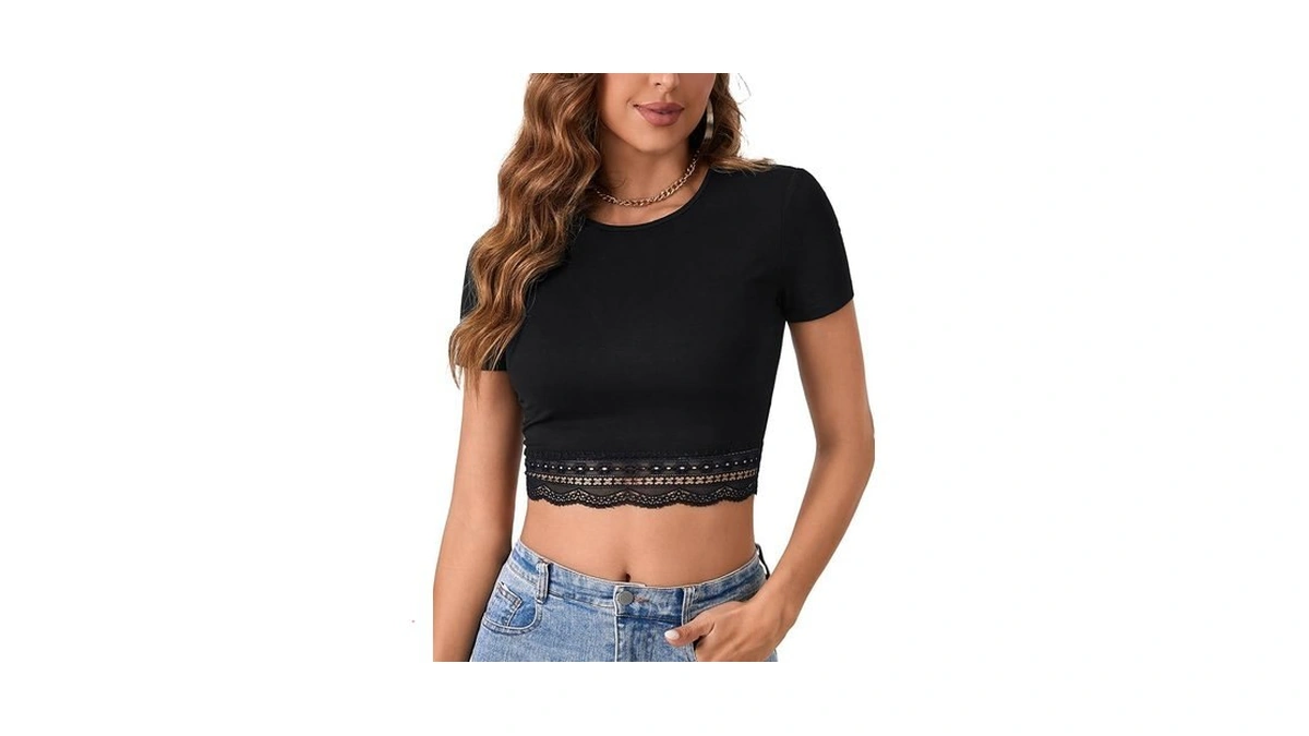 Vrtige Women Casual Crop Tee Top Crewneck Lac...