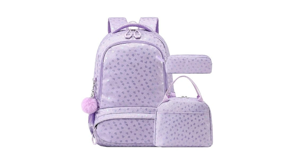 Kimwadalh Glitter Backpack For Girls, 3pcs Shiny Purple School Bookbag