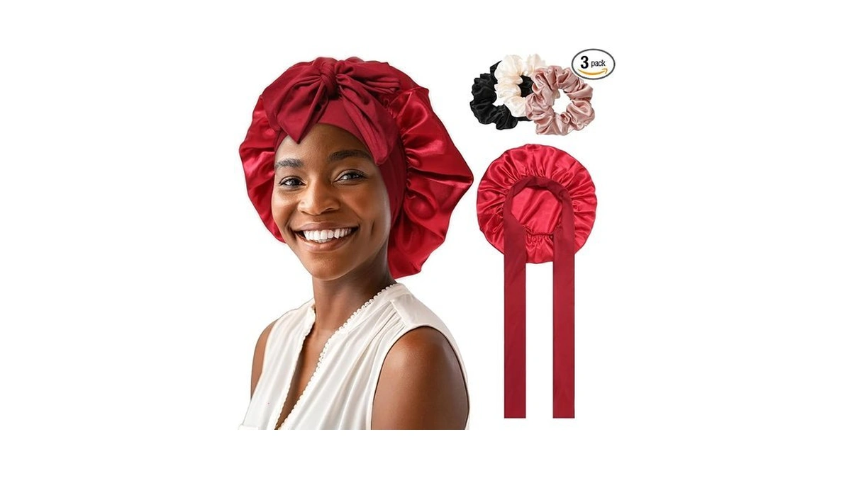 Awaytr 2-layer Satin Hair Bonnet, Tie Band Sleep Cap For
