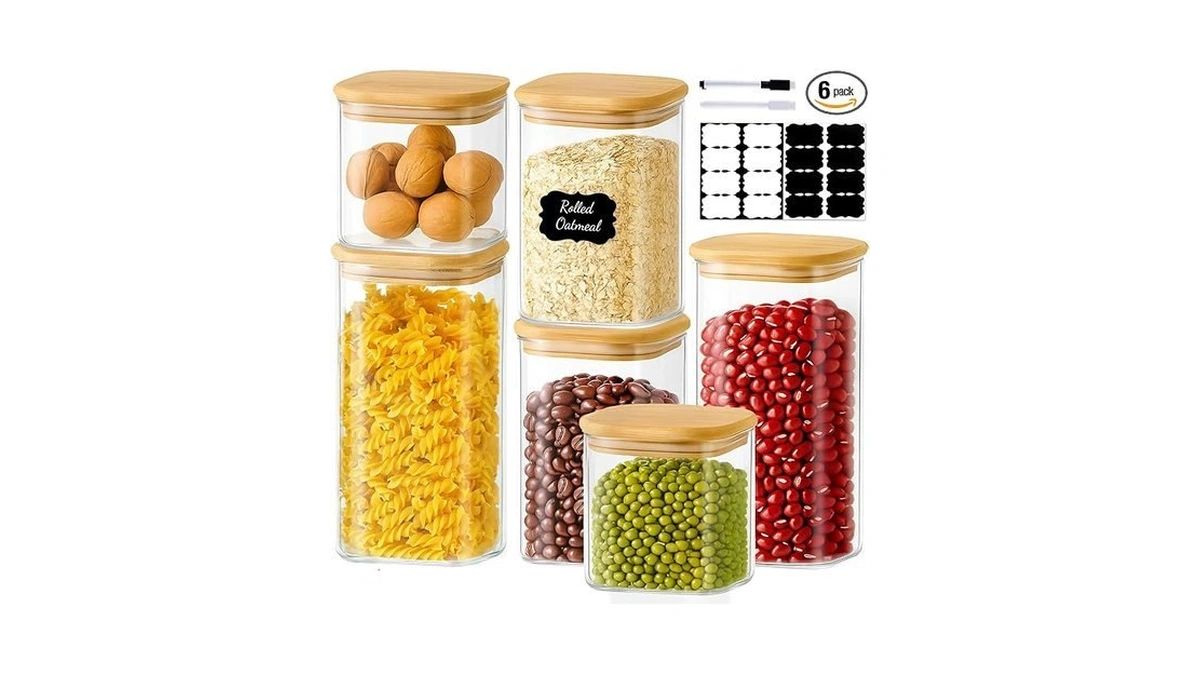 Tbwind 6 Pack Square Glass Storage Containers With Bamboo Lids