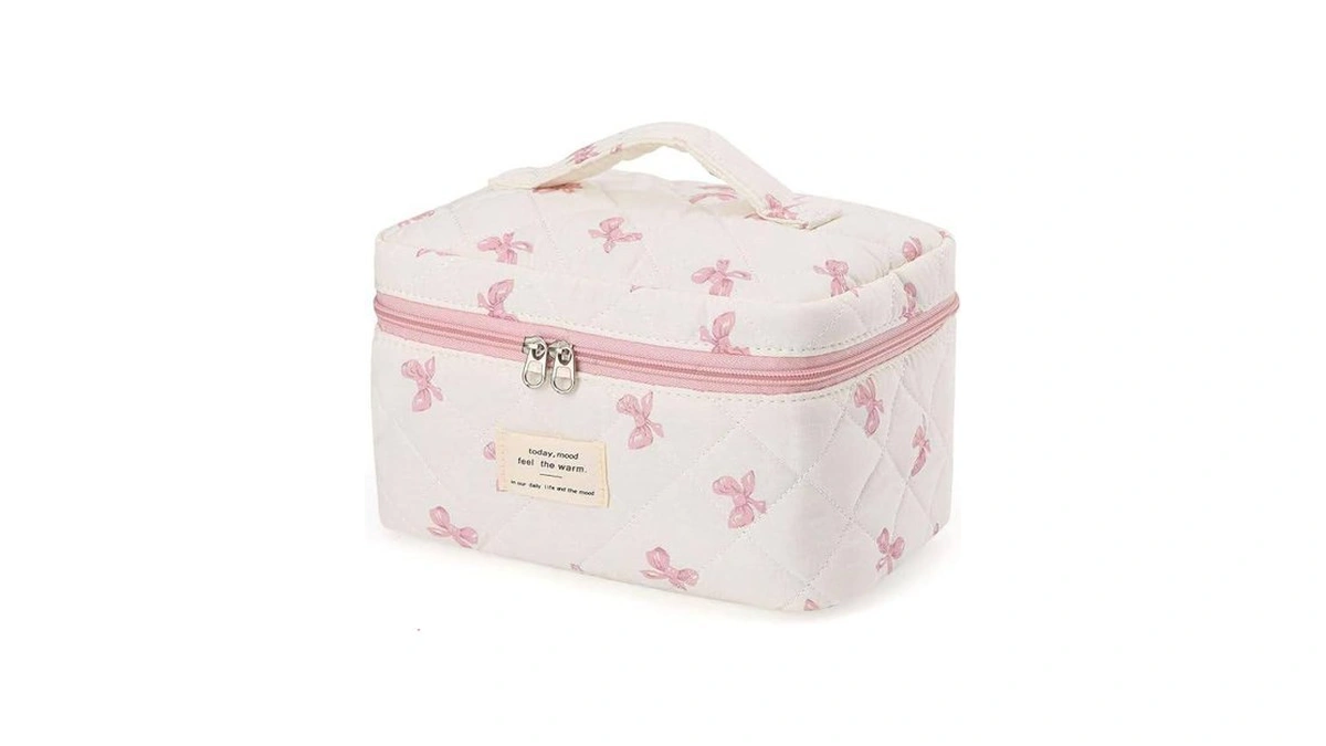 Mzluwm Large Travel Quilted Makeup Bag，cute Bow Cotton Cosmetic Bag,