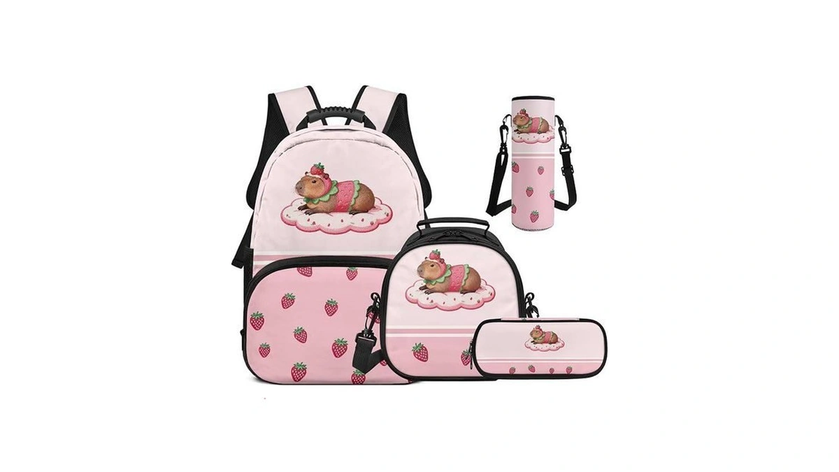 Belidome Capybara Strawberry Backpack For Girls 6-8 4pcs School Backpack