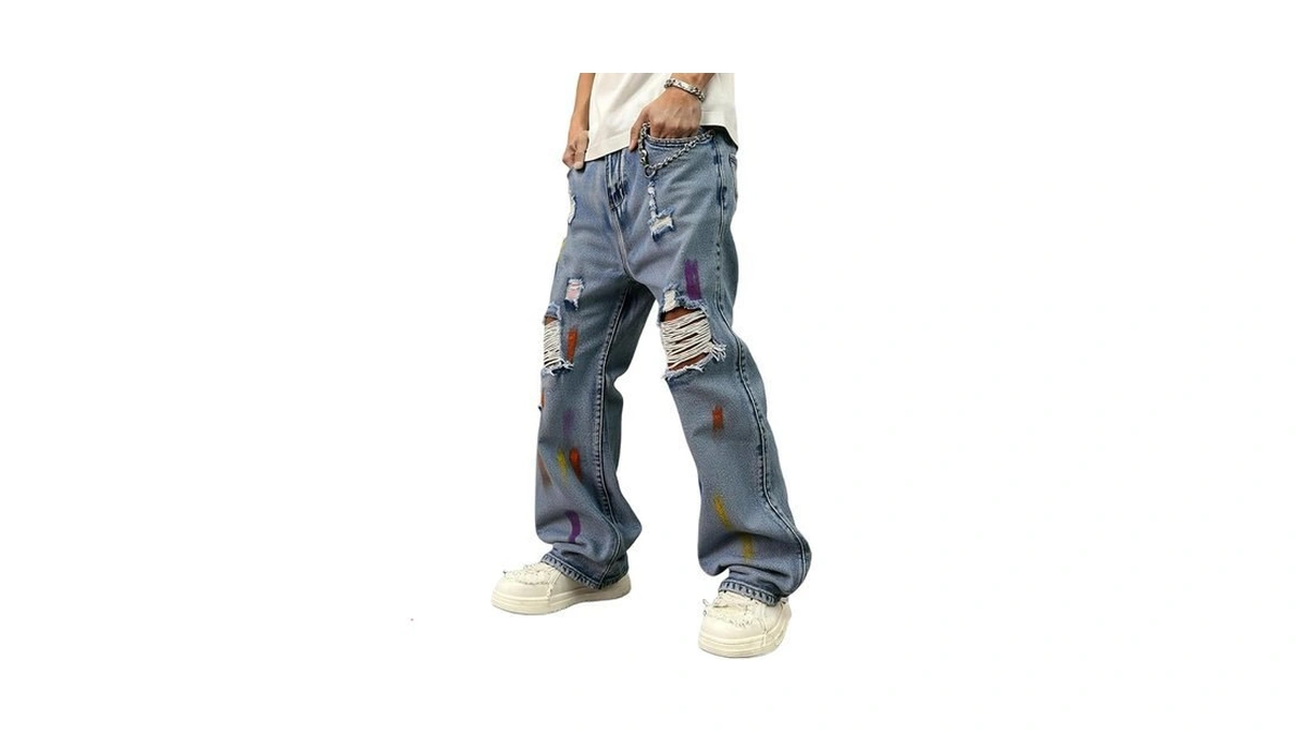 Dislanbo Mens Ripped Jeans Straight Leg Y2k Denim Pants