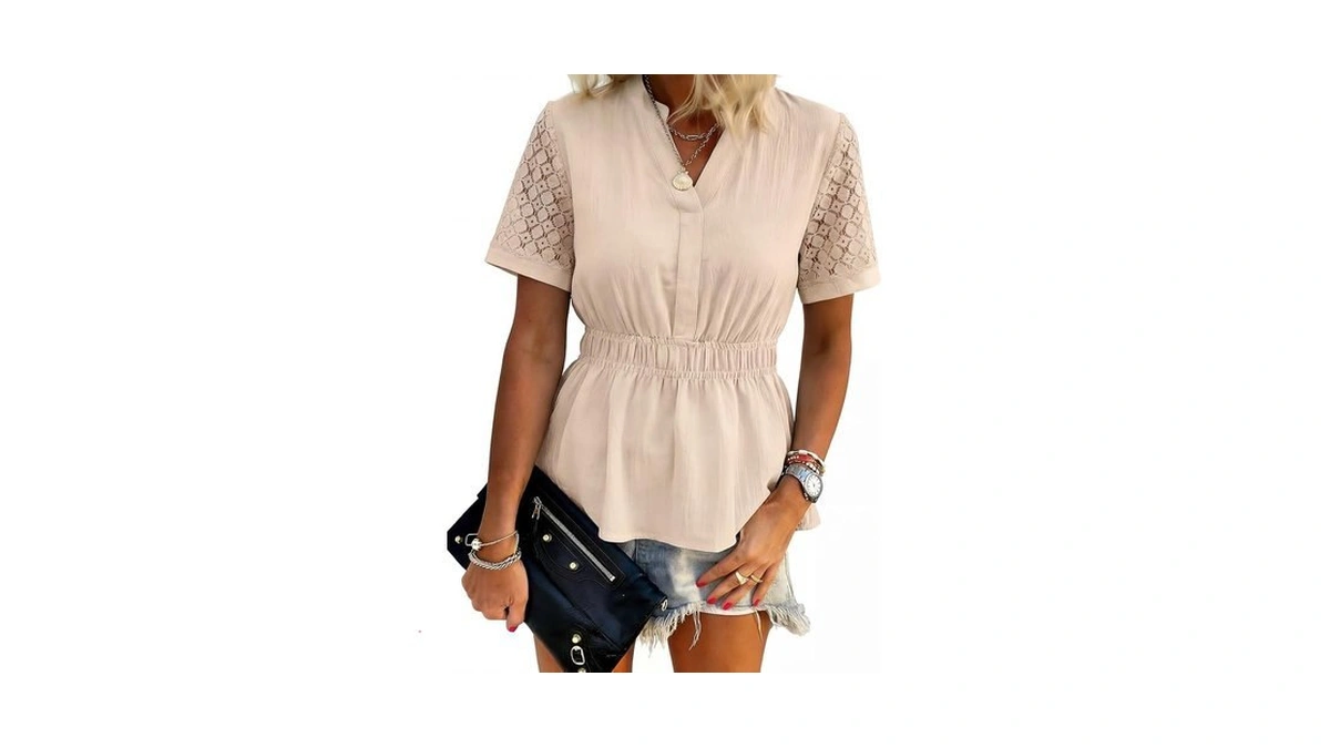 Heytalala Womens Peplum Tops Summer Lace Short Sleeve Smocked Blouses
