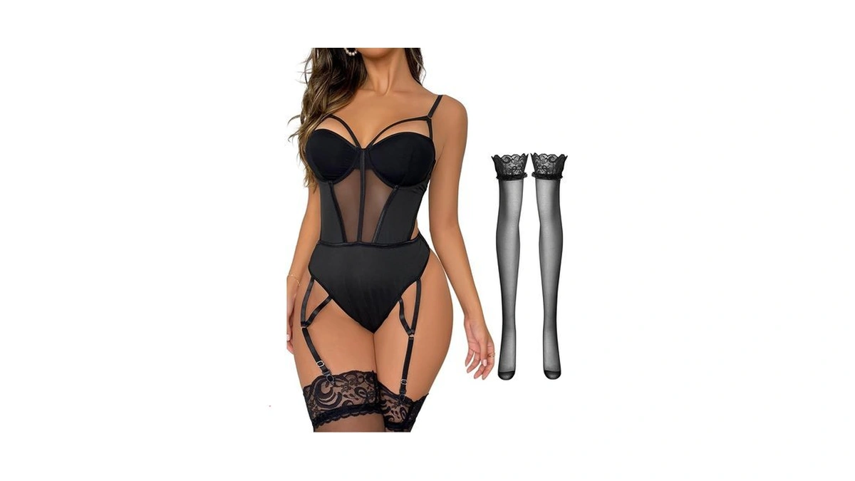 Lilosy Sexy Stocking Strappy Garter Underwire Mesh Babydoll Teddy Bodysuit