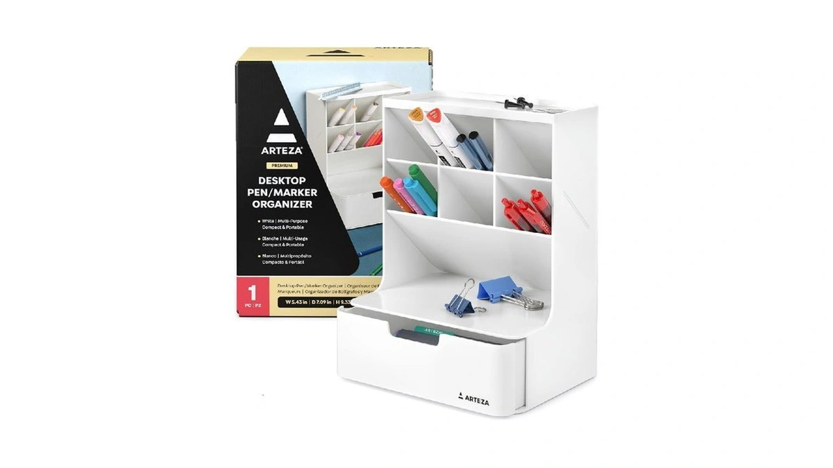 Arteza Desktop Pen And Marker Organizer, 6-compartment White Pen Holder
