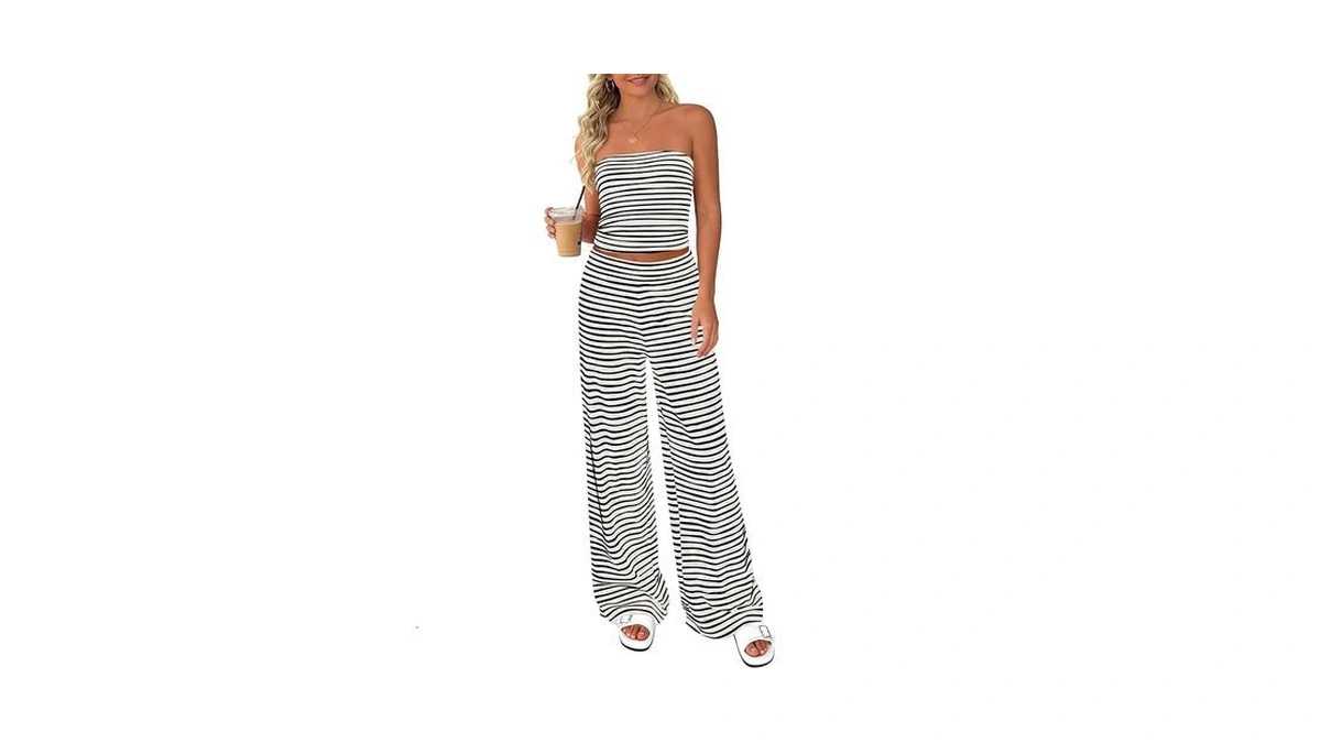 Prettygarden Women's Striped 2 Piece Lounge Sets, Light Grey Black,s