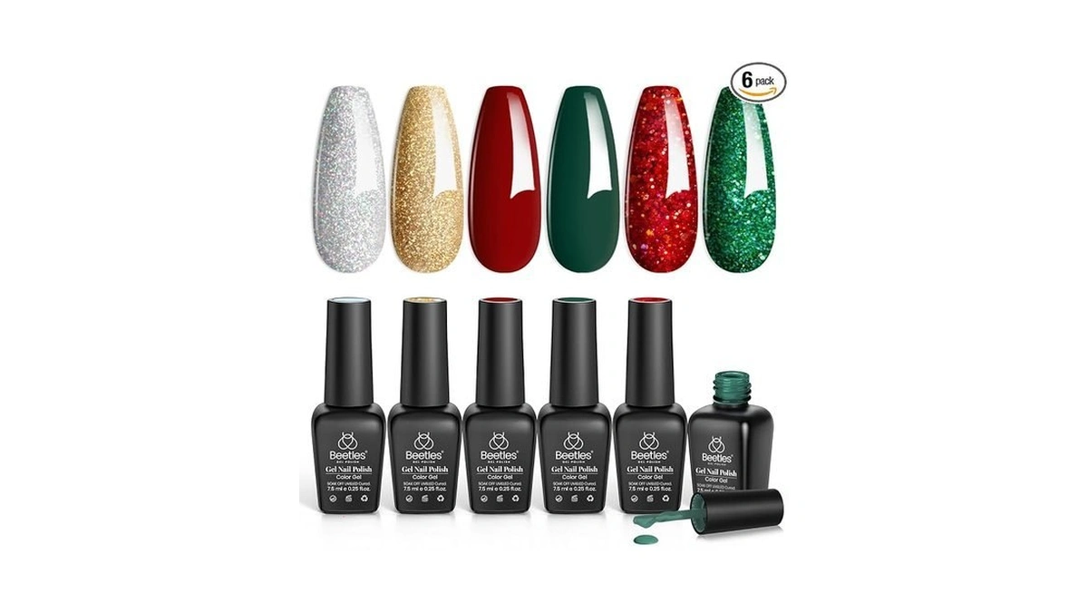 Beetles Gel Nail Polish Set, Red Sparkle Green Glitter Gold