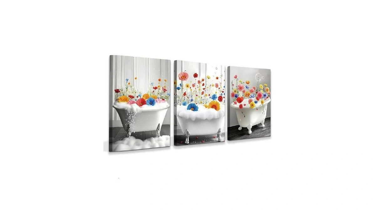 Qpoklaf Kid's Bathroom Flowers Canvas Wall Art,set Of 3 Framed