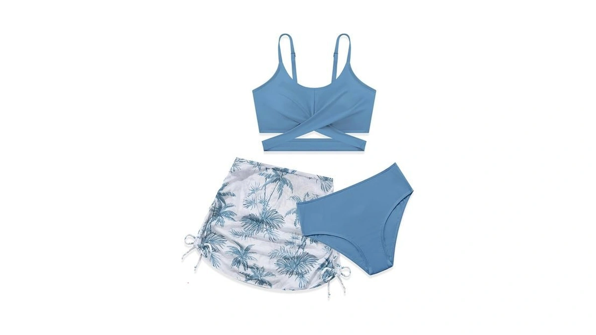 Weixinbuy Teen Girls 3piece Bathing Suit Criss Cross Spaghetti Straps