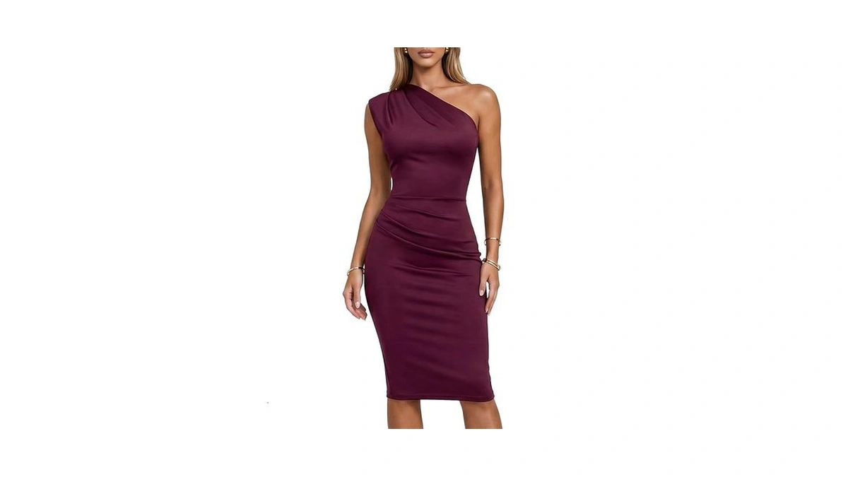 Curvysweet Women's One Shoulder Built-in Bra Bodycon Midi Sheath Dress