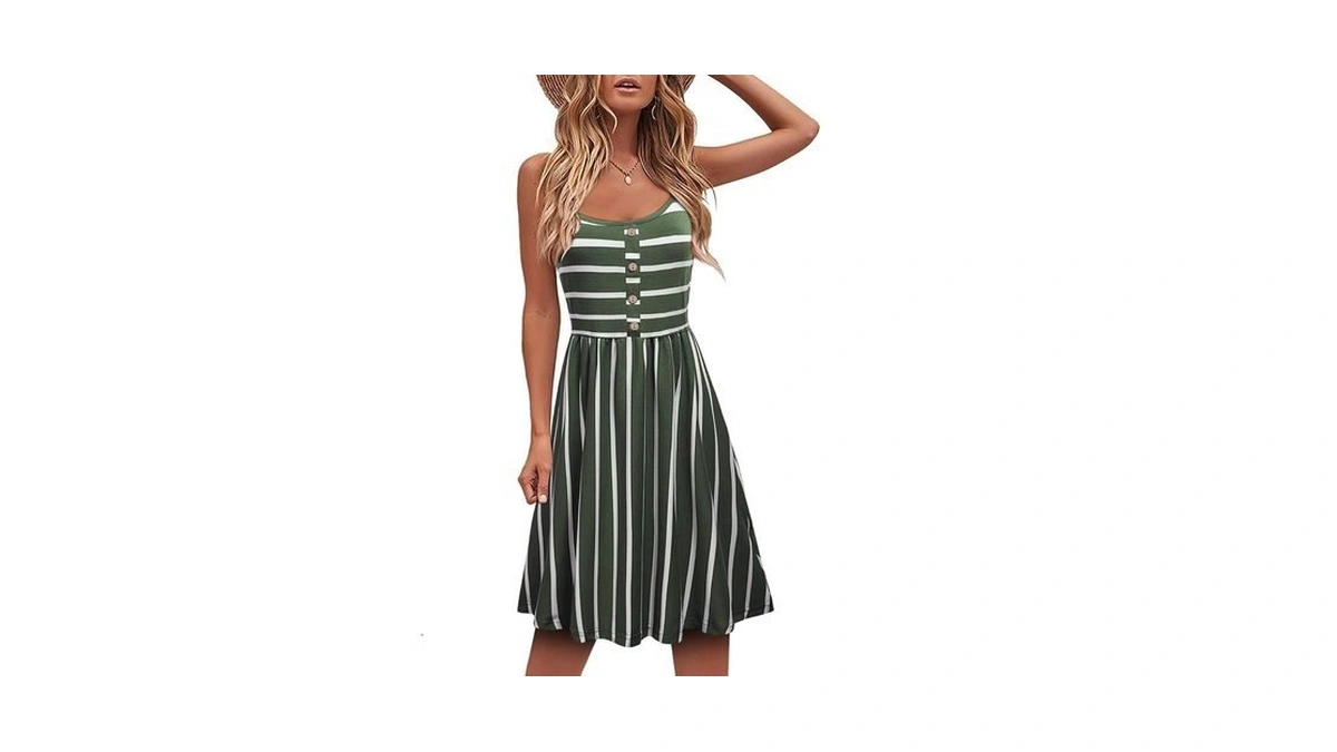 Moqivgi Womens Spaghetti Strap Button Detail Pleated Summer Casual Stripe