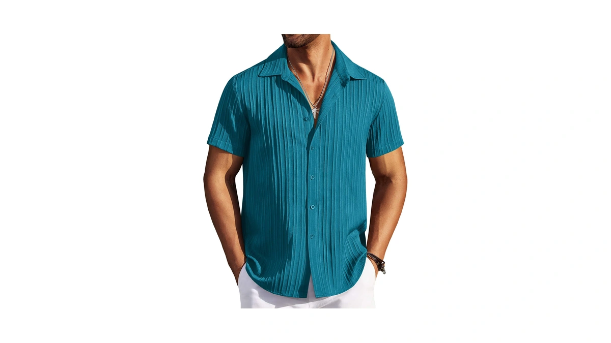 Coofandy Men's Casual Button Down Shirts Short Sleeve Textured Summer