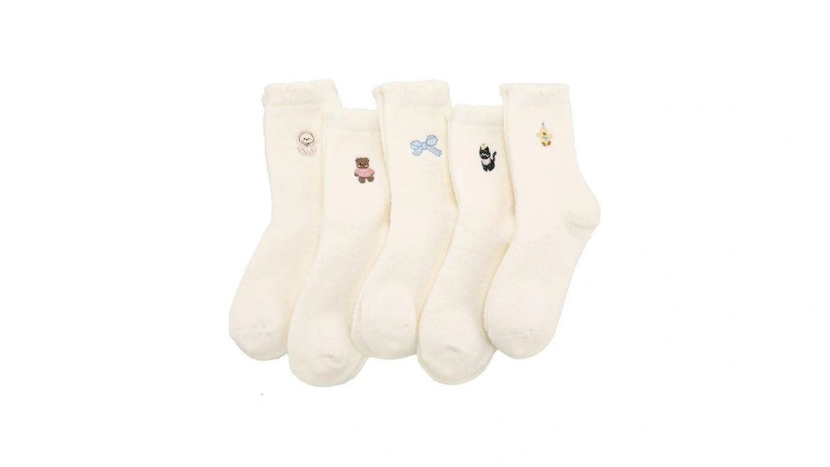 Scenicamp Womens Fuzzy Socks Bow Embroidery Printing Warm