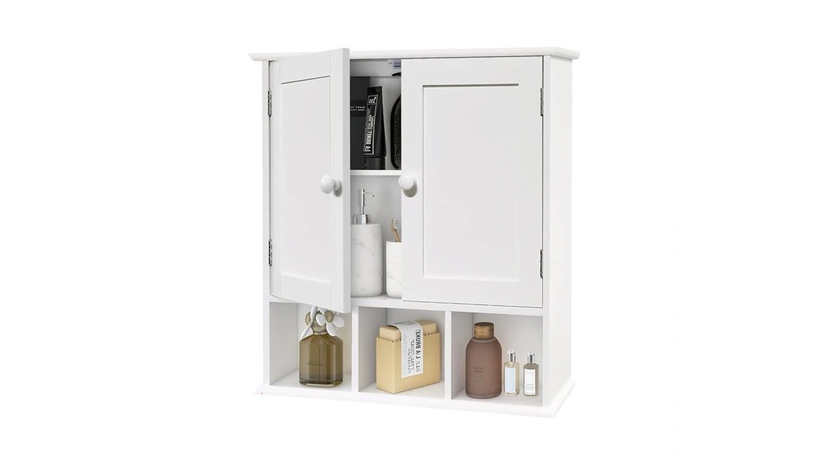 Taohfe White Bathroom Wall Cabinet With 2 Door Adjustable Shelves