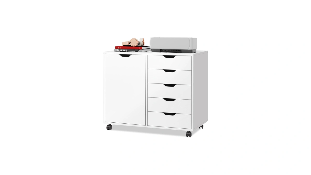 Devaise 5-drawer Wood Drawer Cabinet, Office Storage Cabinet, White