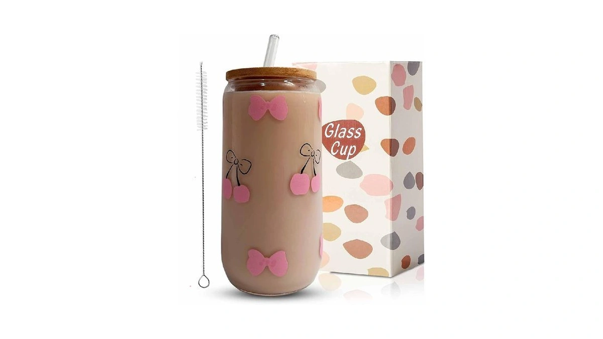 Meogutyi Pink Bow Cup, Cute Bow Glass, 16 Oz Glass