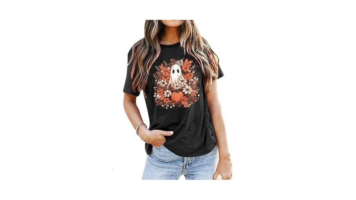 Halloween Ghost Shirt For Women Fall Pumpkin Shirt Autumn Floral