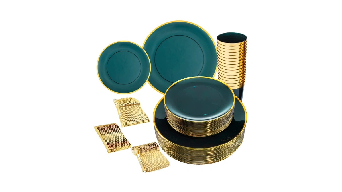 Liyh 180 Pcs Clear And Green Gold Plastic Christmas Plates