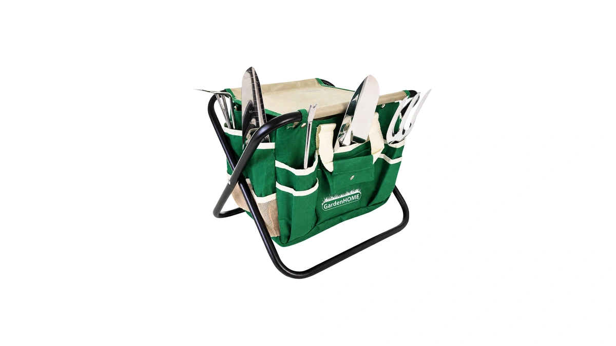 Gardenhome 7-piece Gardening Tool Set With Folding Stool And Storage