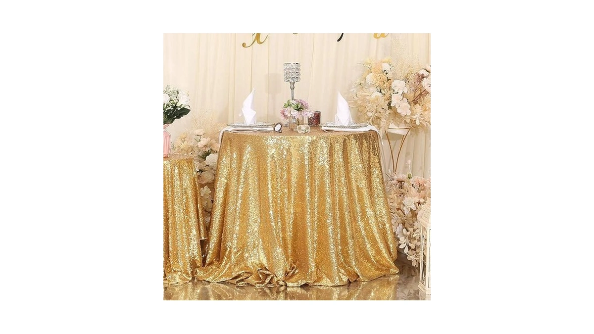 Squarepie Sequin Tablecloth Round Gold 90 Inch Sparkly For Wedding