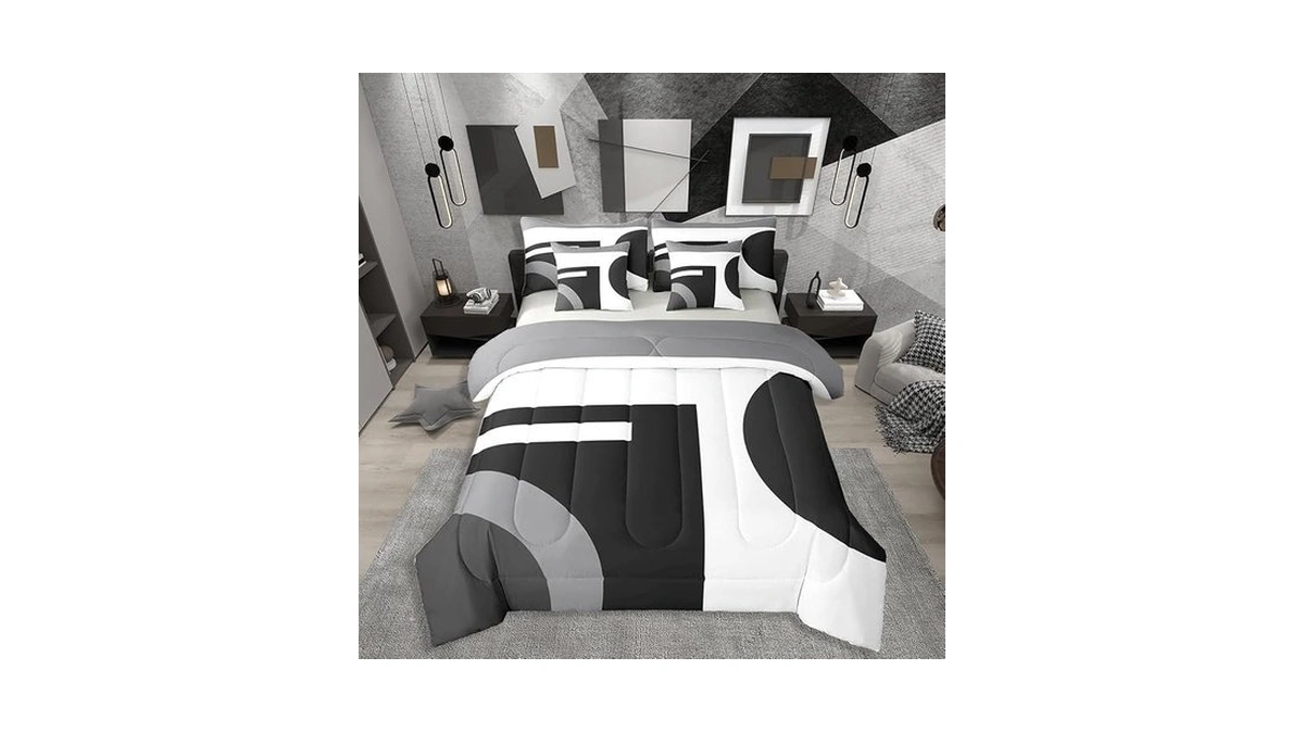 Black White Grey Queen Size 7 Piece Bedding Set Geometric