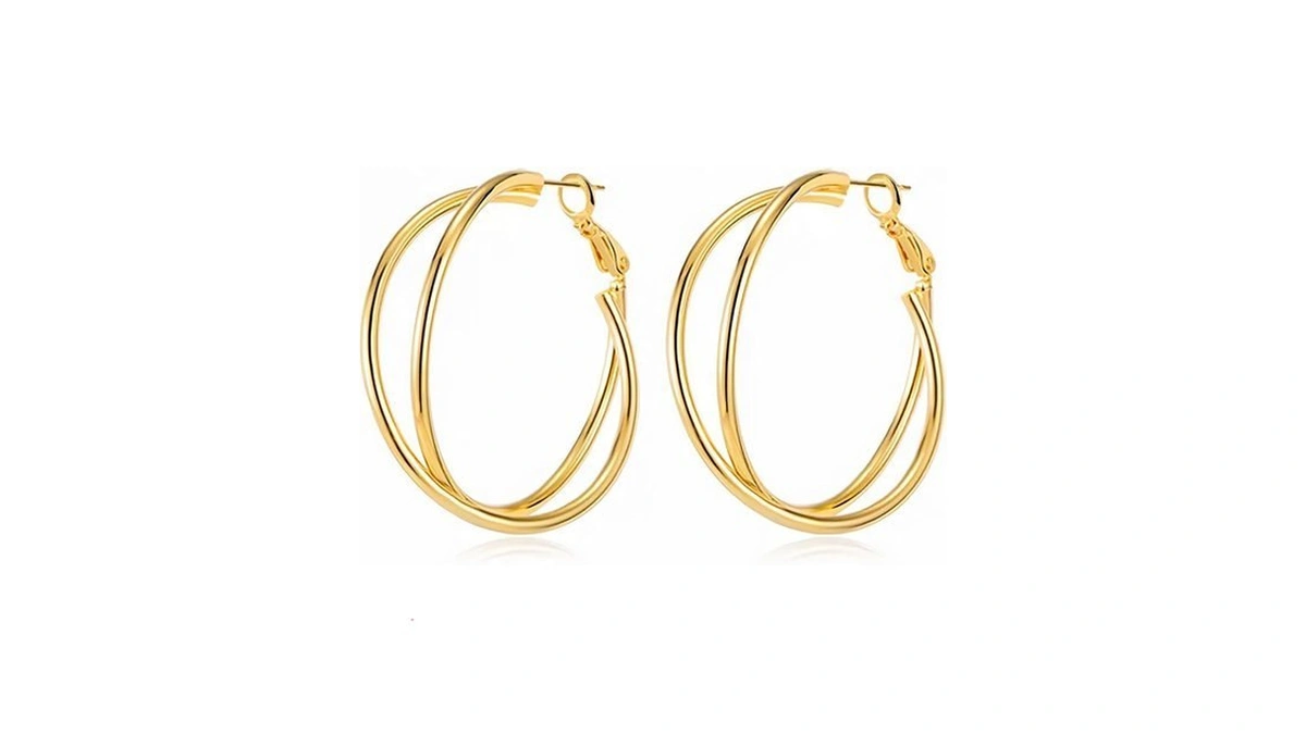 18k Gold Plated Crossover Double Hoop Earrings, 40mm Big Hoops