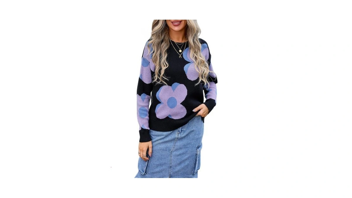 Sumleno Womens Cute Color Block Flower Pattern Sweaters Crewneck Pullover
