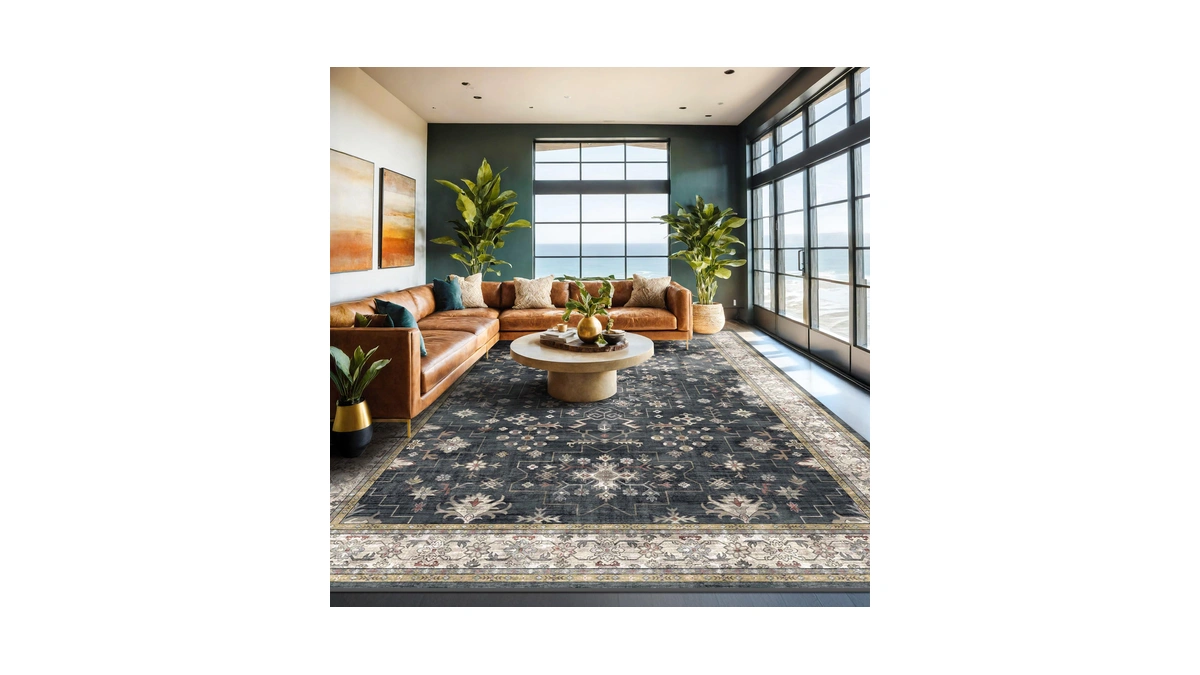 Boho Black Rug For Living Room - Washable 10x14 Area