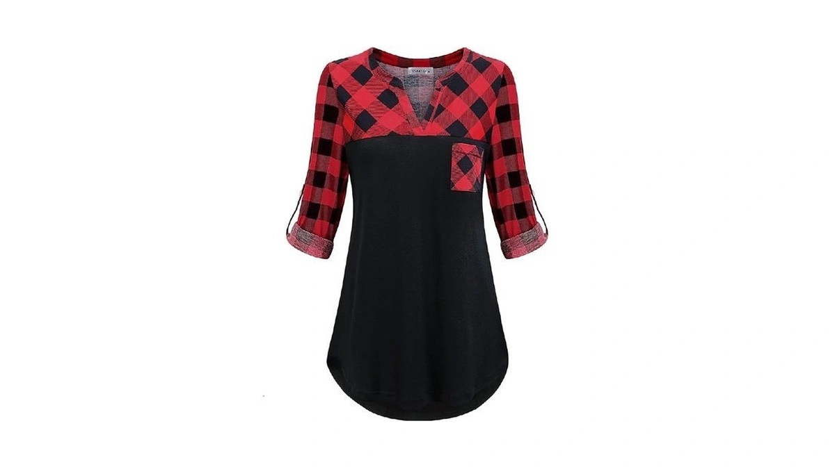 Moqivgi Plaid Shirts For Women Long Sleeve Notch V Neck