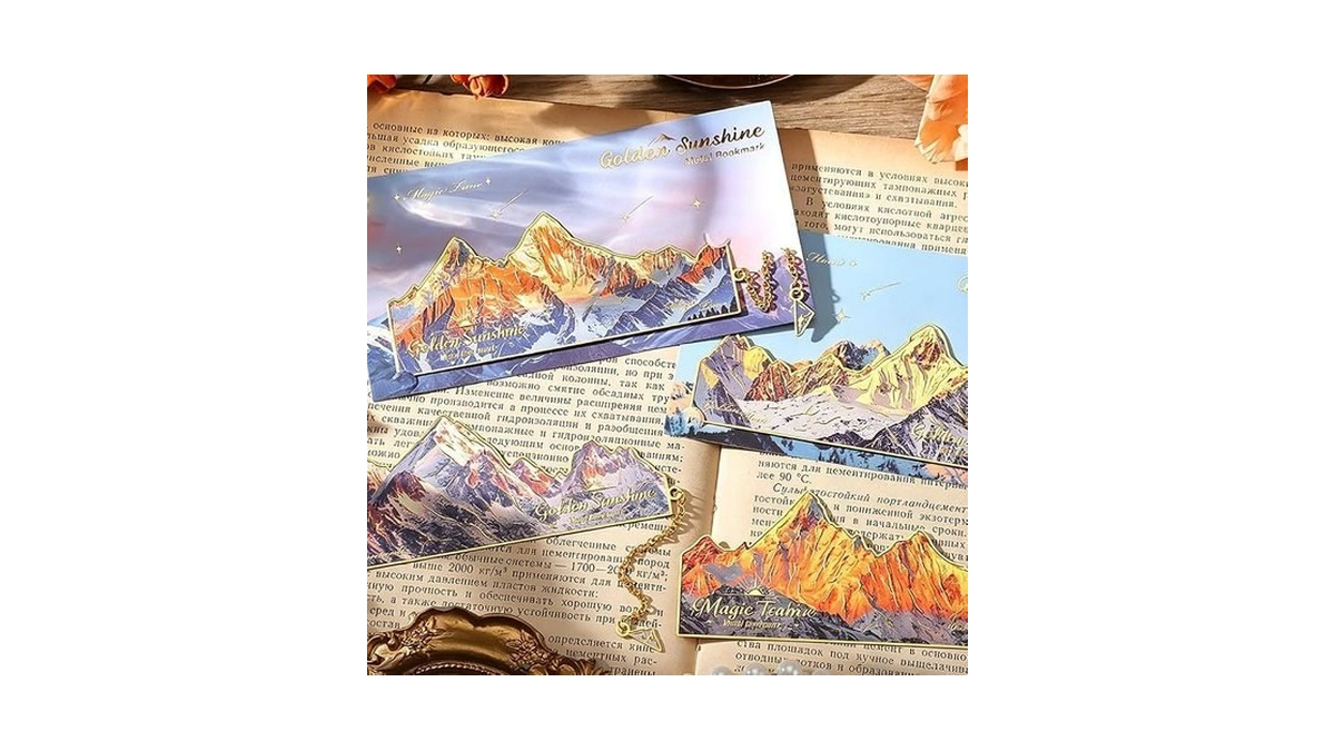 4 Pcs Metal Bookmarks With Chain Tassel, Golden Mountain Scenery