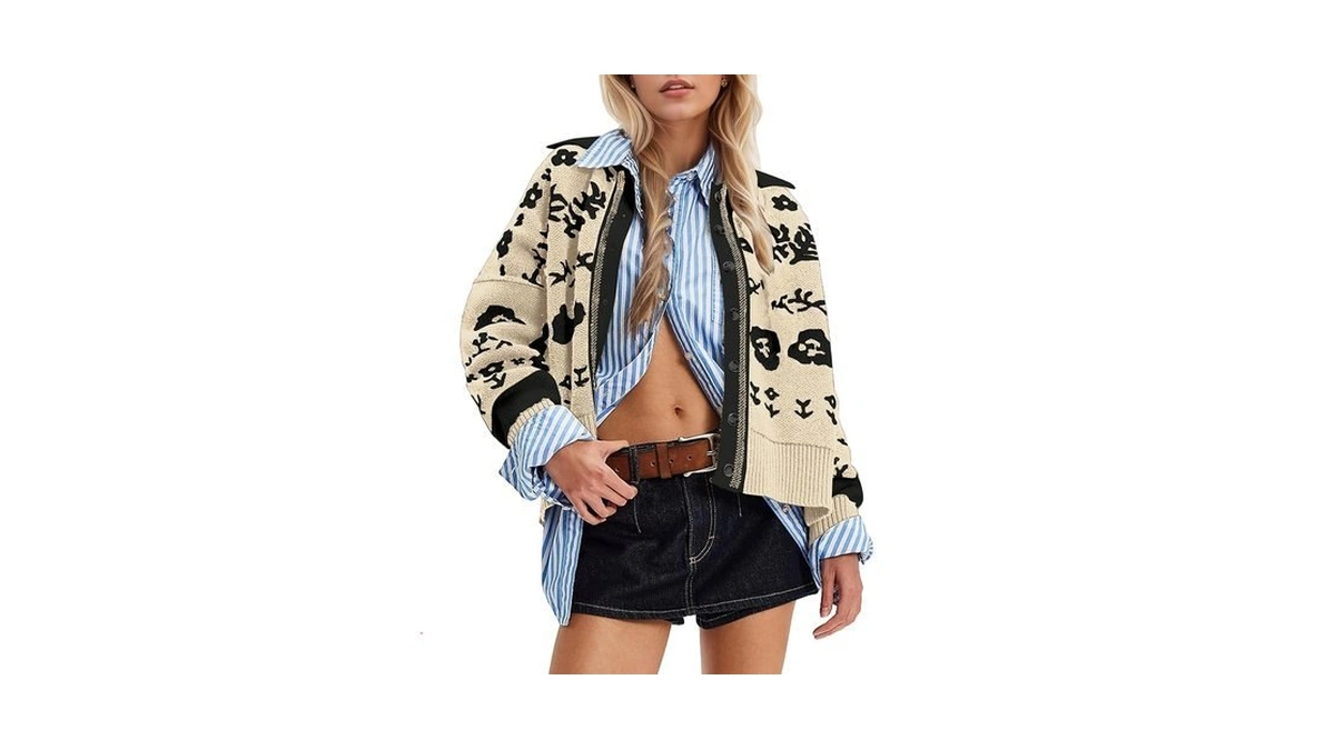 Burtell Floral Cropped Cardigan Sweaters For Women V Neck Long