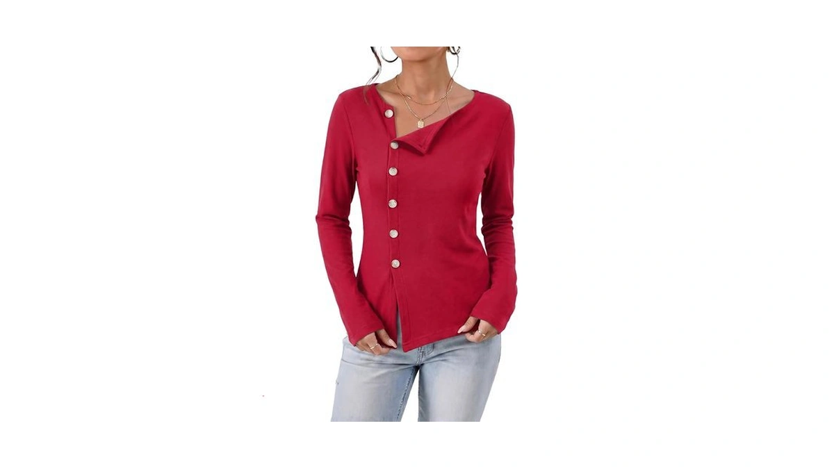 Dokotoo Women's Long Sleeve Tops Slim Fit Basic Shirt,red Dahlia,small