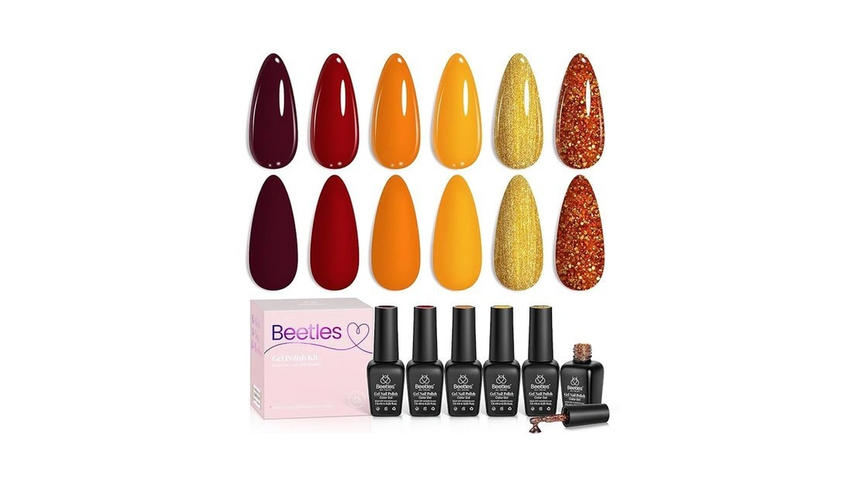 Beetles Fall Gel Nail Polish Set, 6 Colors Gold Glitter