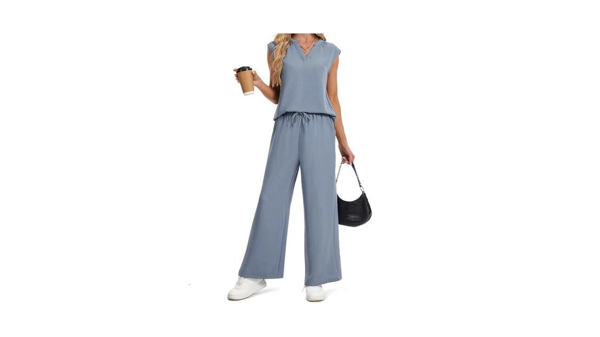 Women Two Piece Sets Sleeveless V Neck Tank Tops Wide