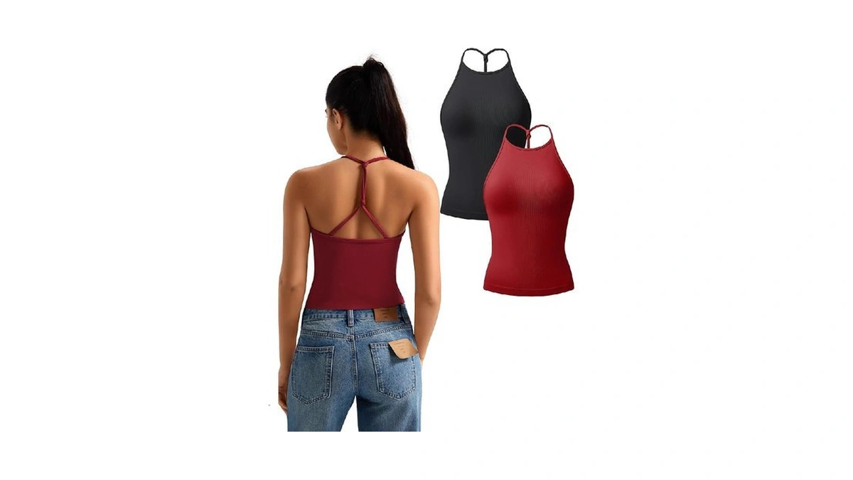 Tdiffun Women Crop Tank Tops 2 Piece High Neck Seamless