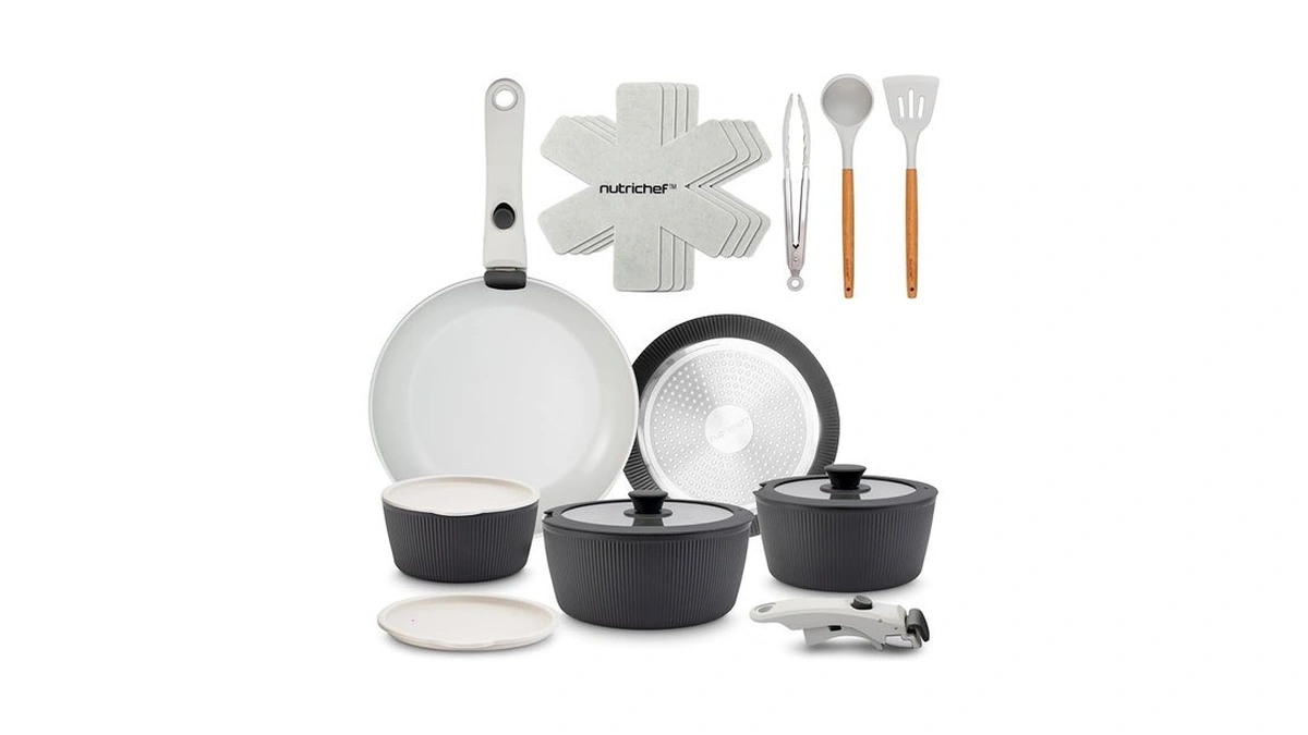 Nutrichef 18-piece Ceramic Cookware Set With Detachable Handles, Non Stick