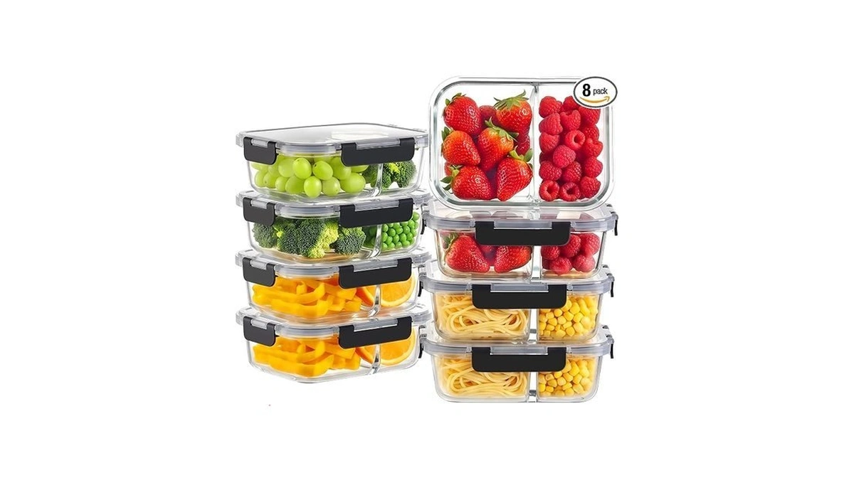 8 Pack 2 Compartment 30oz Borosilicate Glass Meal Prep Containers