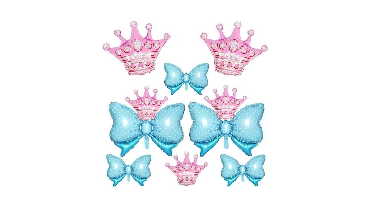 10pcs Pink Crown Balloons And Blue Bow Balloon, Light Blue