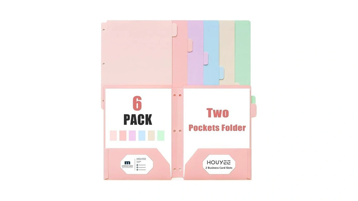 Houyee Plastic Folders With 2 Pockets 3 Hole Punched, 6