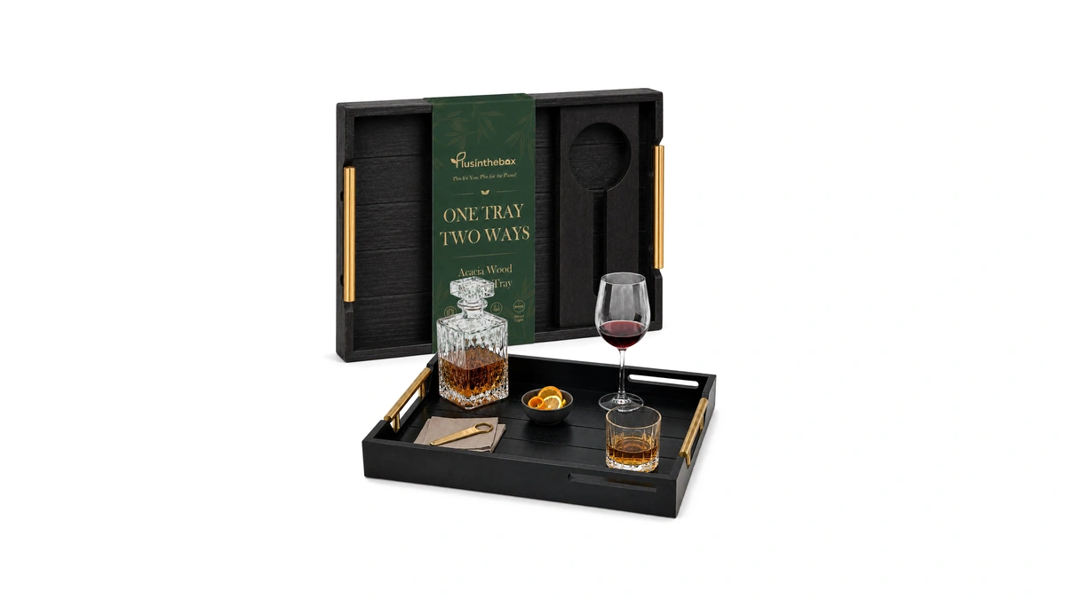 Bamboo Serving Tray With Removable Wine Glass Holder, Wooden Tray
