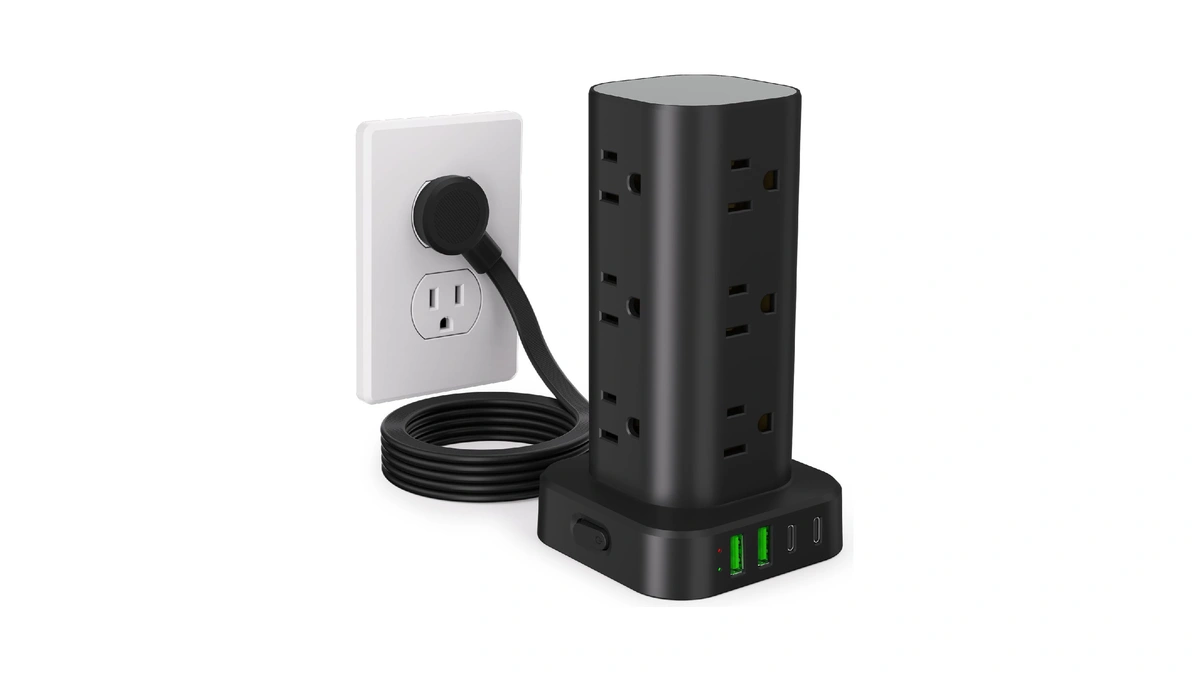Power Strip Tower With Multiple Outlets, Flat Plug Surge Protector