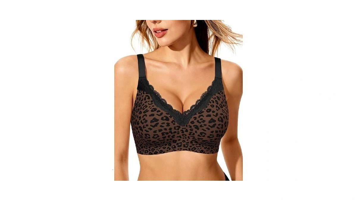 Horisun Wireless No Underwire Bra For Women V-neck Lace Trim
